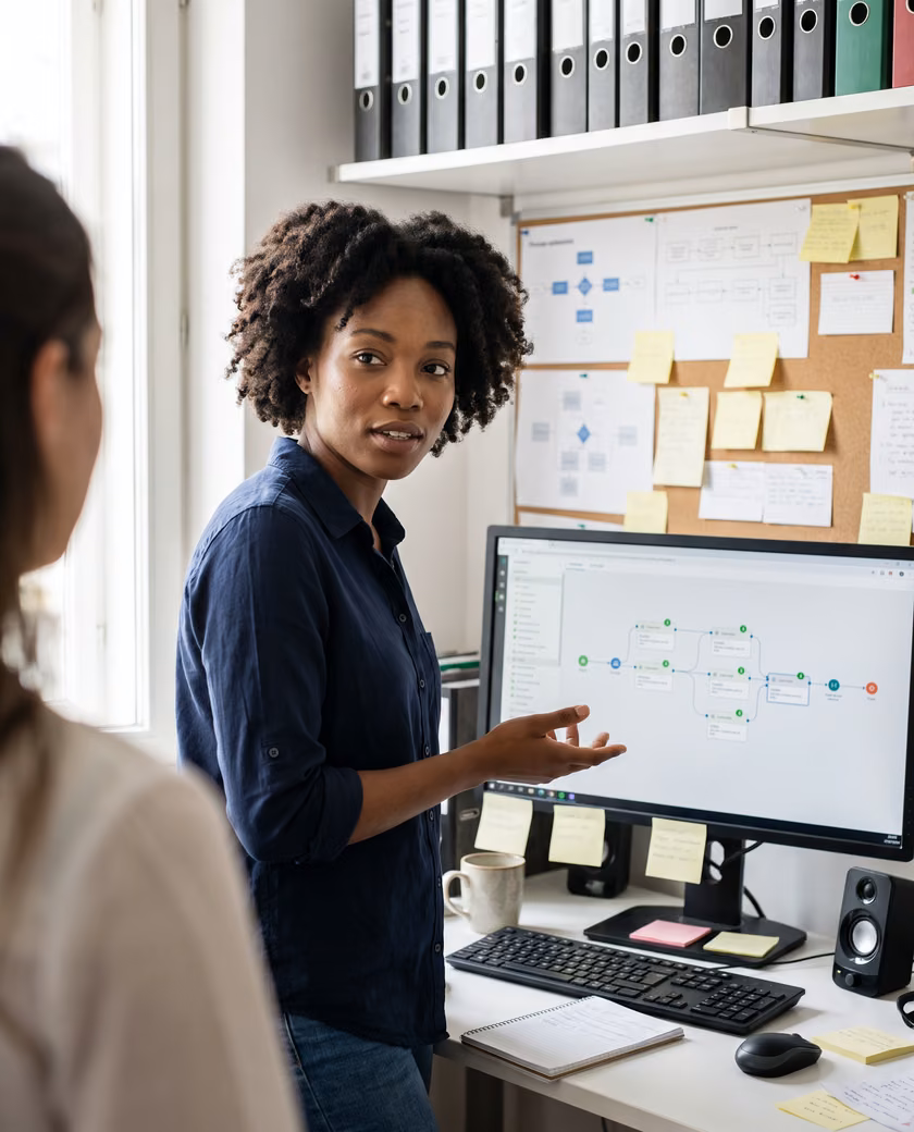 An automation engineer walking a colleague through a workflow