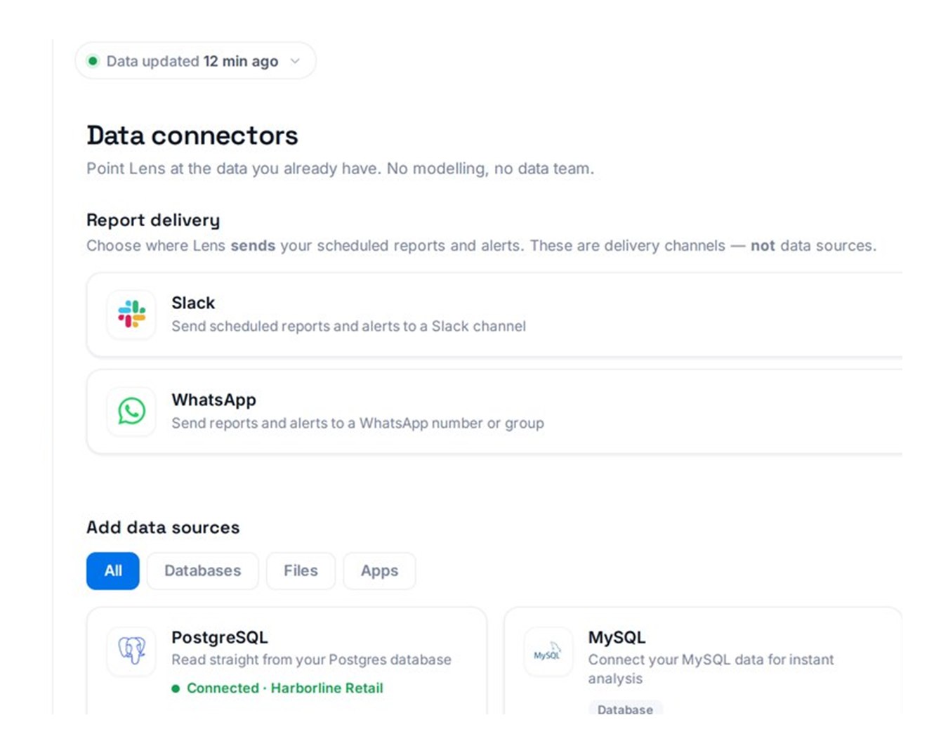 Lens — connecting a PostgreSQL database and choosing data sources