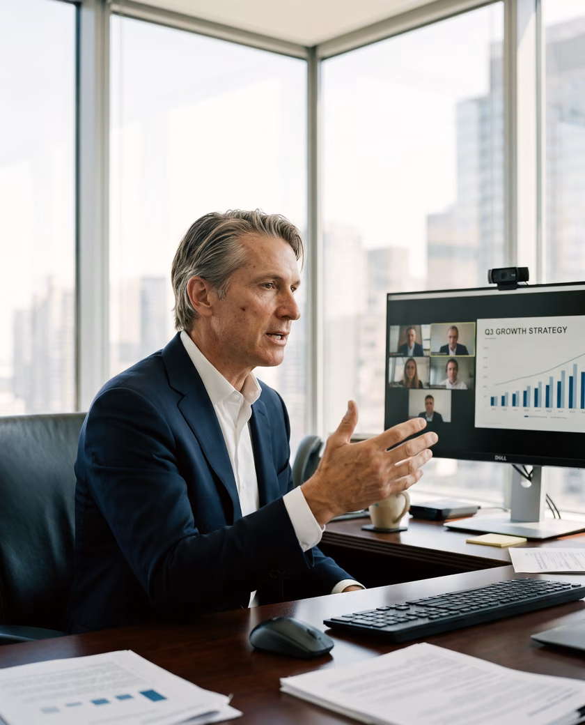A senior leader on a video call in a corner office