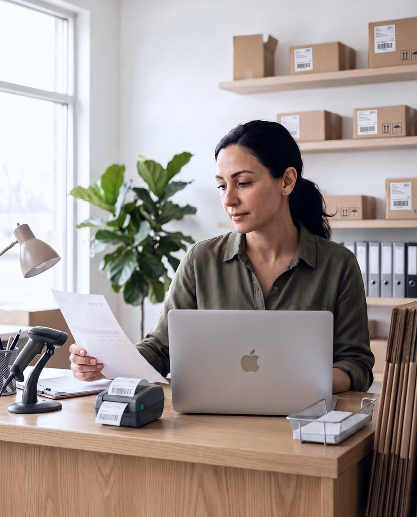 A small business owner working at the counter of her back office