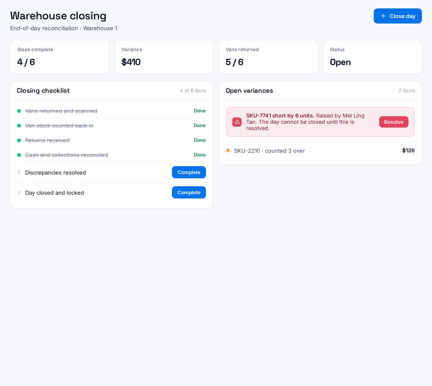 Flow — end-of-day reconciliation and cash close