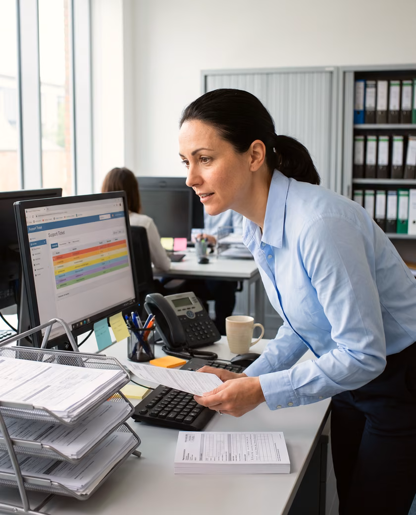 An administrator working through requests at her desk