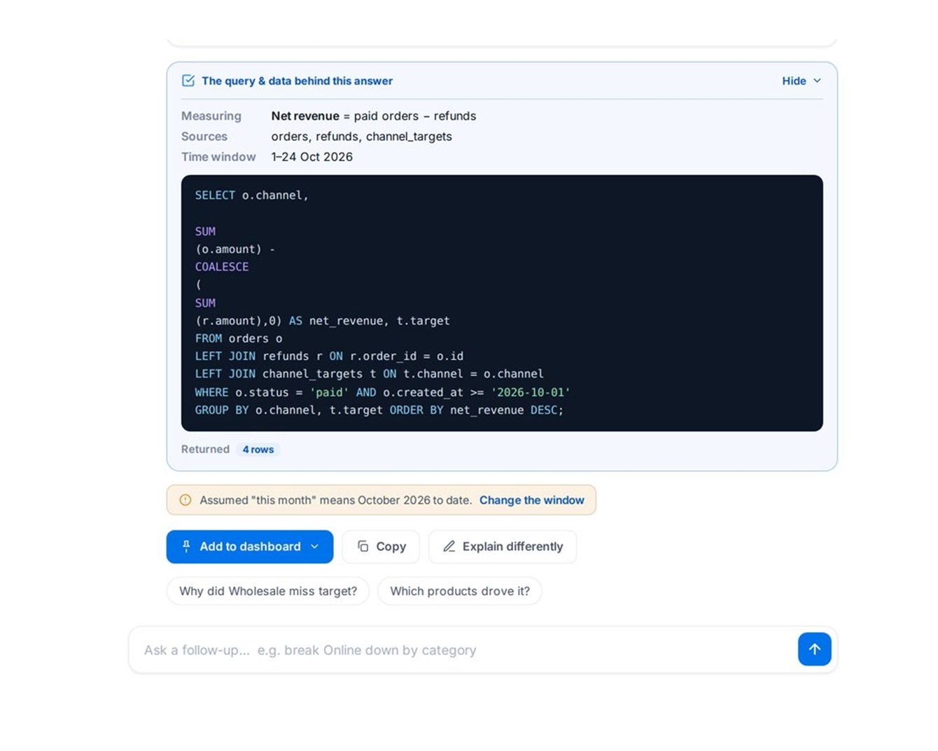 Lens — the query, sources and returned rows behind an answer