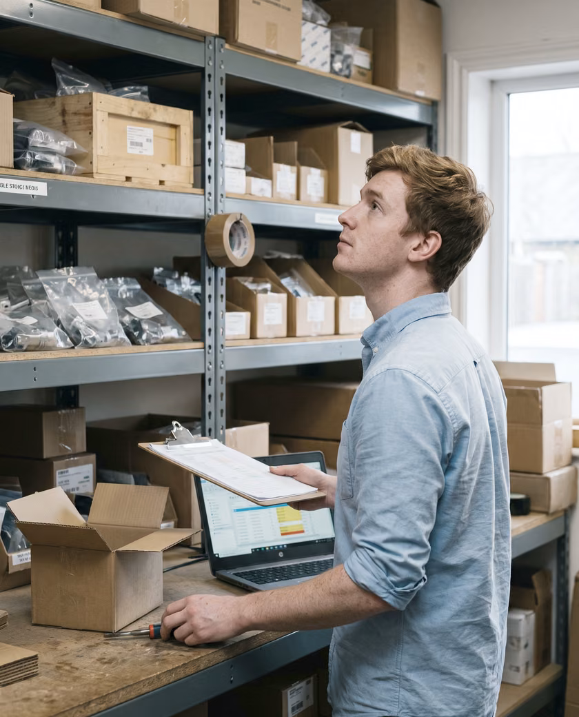 A young operations lead checking stock against an inventory screen